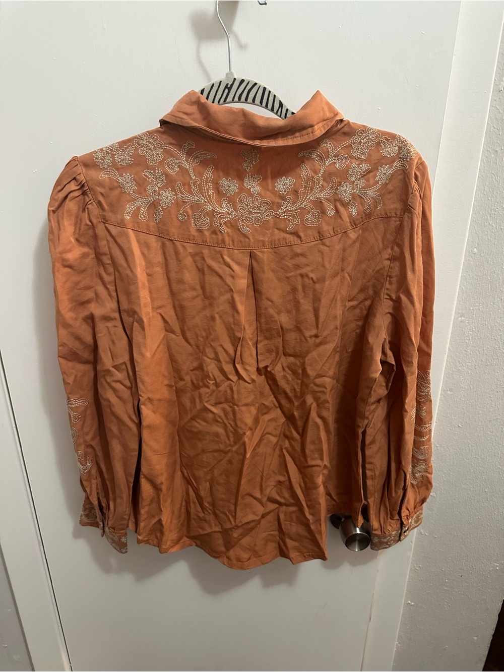 Reba Embroidered Rust-Orange Buttoned Collared Blouse - Picture 3 of 3